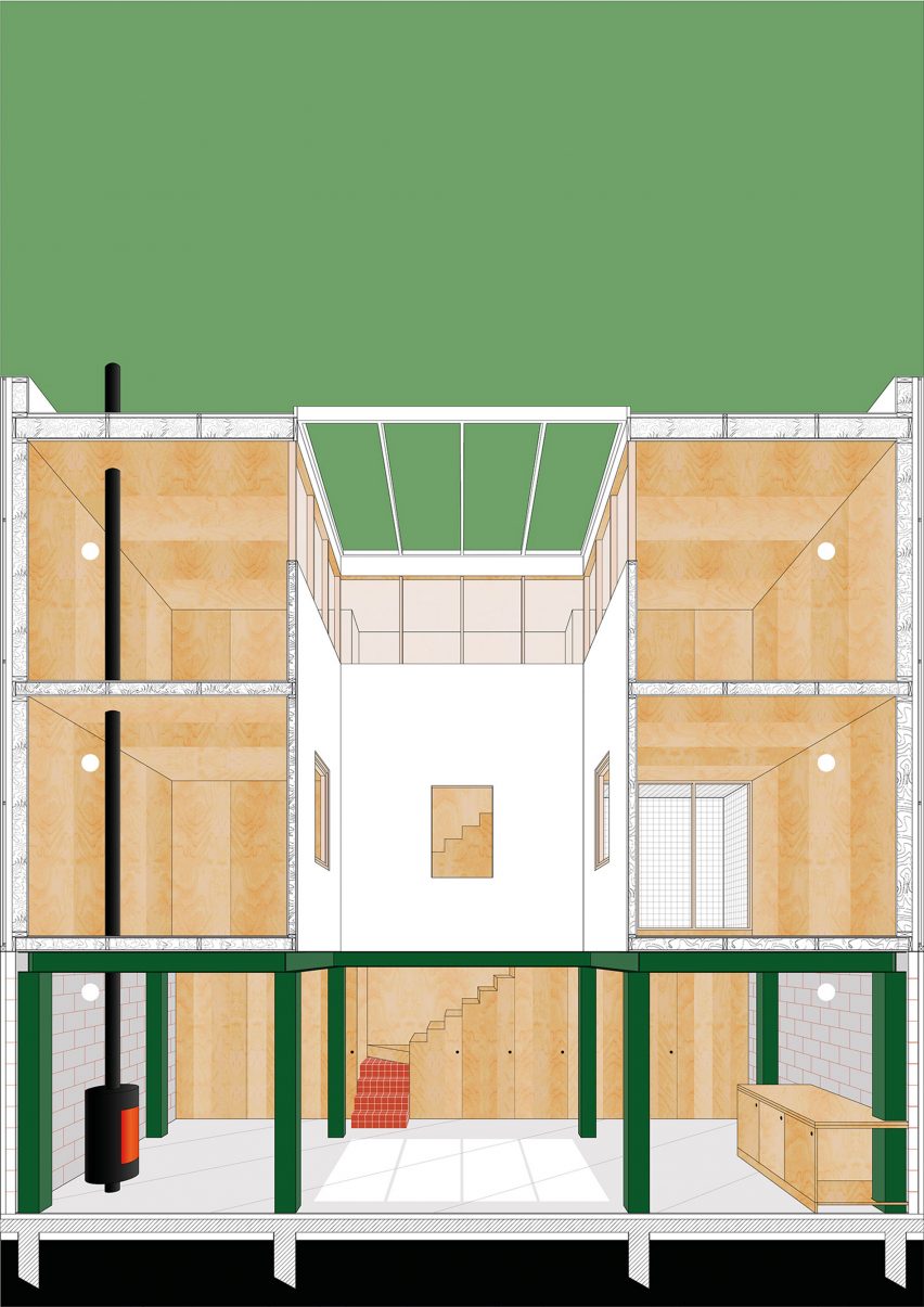 Rendered section drawing of Maison Nana by Jean Benoit Vetillard Architecture