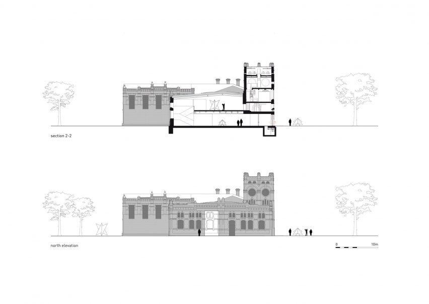 Section and elevation of the PLATP Contemporary Art Gallery by KWK Promes