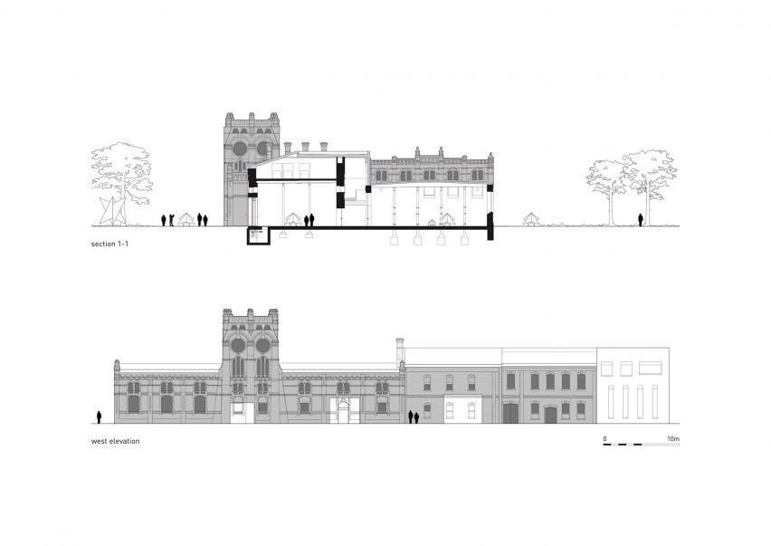 Section and elevation of the PLATP Contemporary Art Gallery by KWK Promes