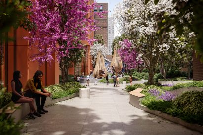 Landscaping and outdoor seating in plaza