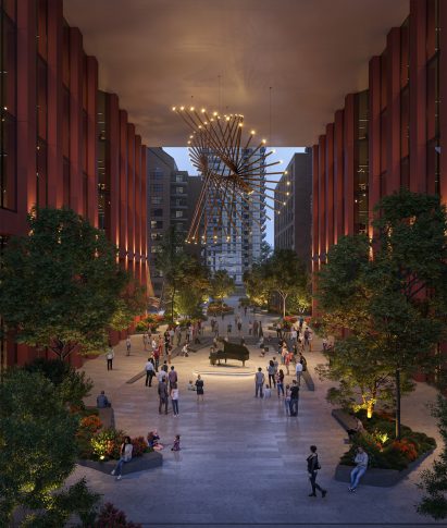 People walking in plaza under building