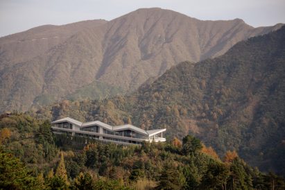 Chinese mountains with zigzagging building