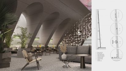 Visualisation of a high-ceilinged room next to a technical drawing