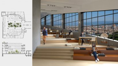 Visualisation of an interior with steps next to a floor plan and sectional view of a building