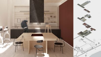 Visualisation of a workshop next to an exploded view technical drawing