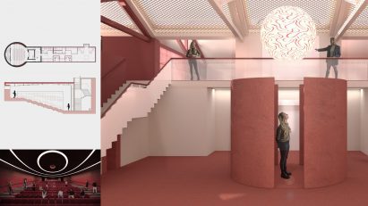 Board showing technical drawings and visualisations rendered in pink