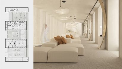 Visualisation of an interior with steps next to a floor plan