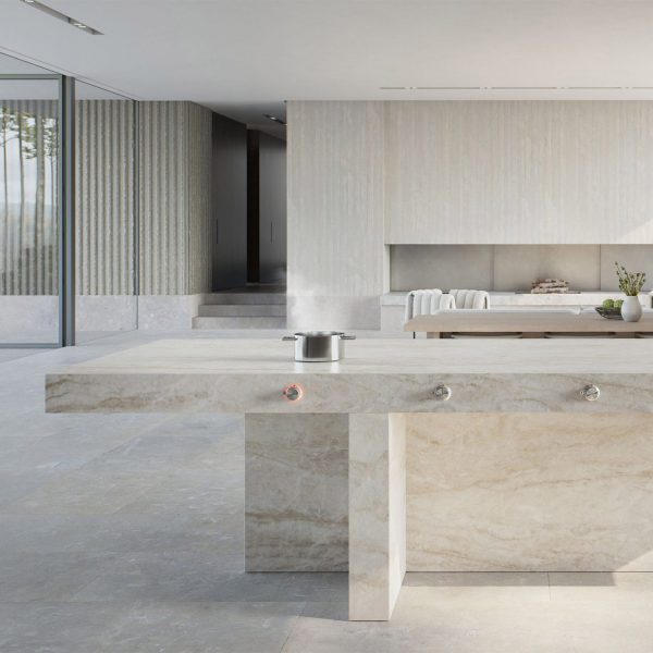 Contemporary white and marble interior of an open-plan living room and kitchen