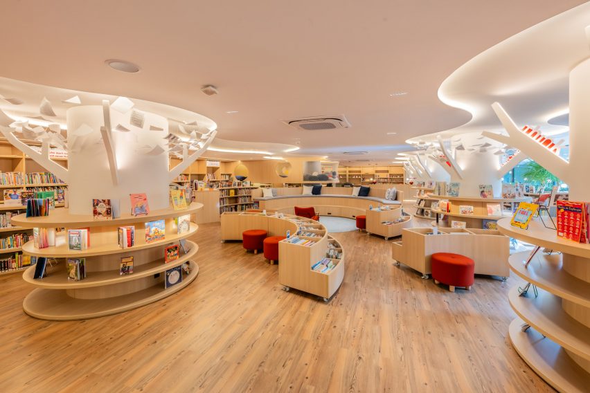 Circular bookshelves with illuminated ceilings