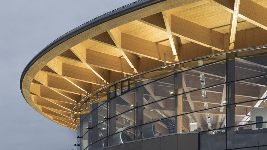 Mass timber roof at World of Volvo by Henning Larsen
