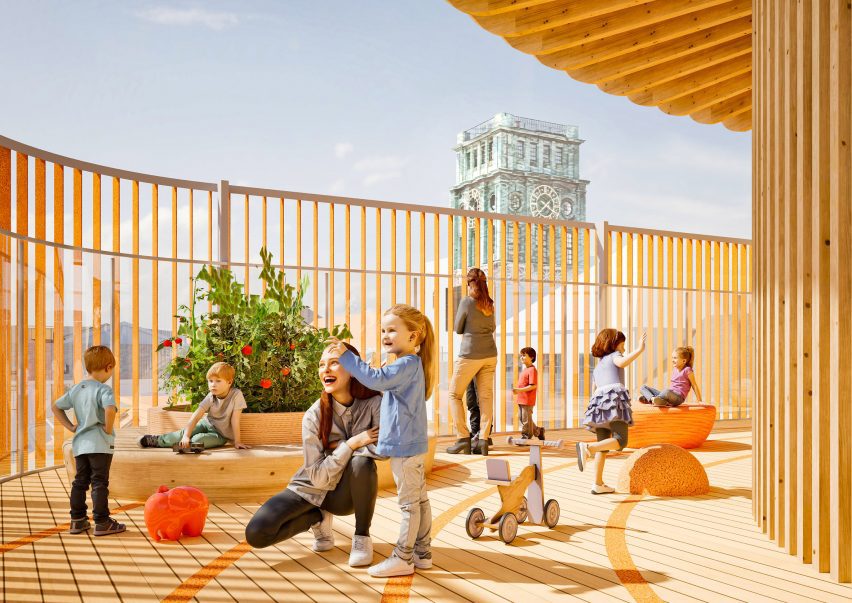 Render of Ingeborg Pohl Kinderoase an der TUM in Munich by Kéré Architecture
