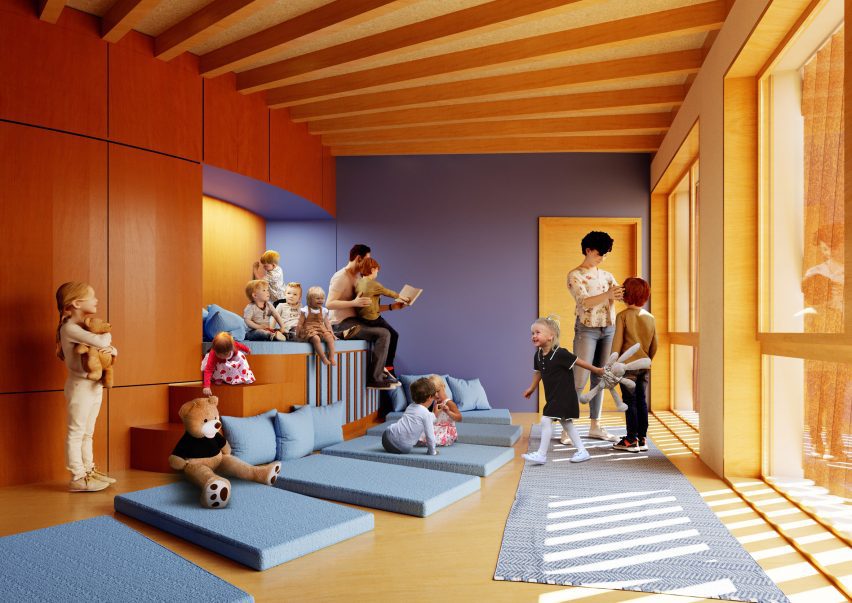 Render of Ingeborg Pohl Kinderoase an der TUM in Munich by Kéré Architecture
