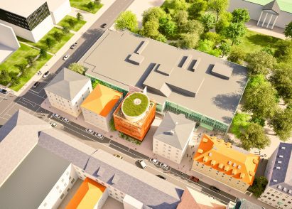Aerial render of Ingeborg Pohl Kinderoase an der TUM in Munich by Kéré Architecture