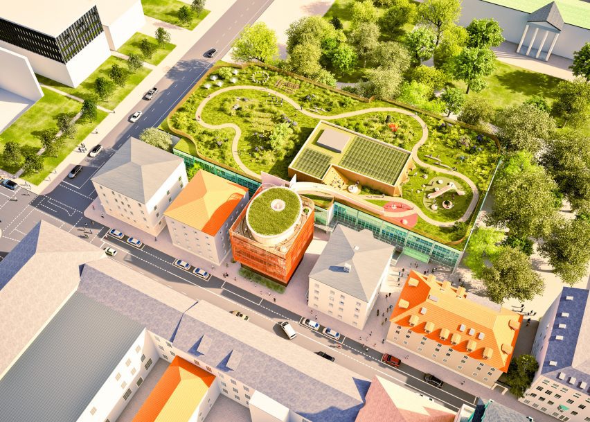 Render of Ingeborg Pohl Kinderoase an der TUM in Munich by Kéré Architecture