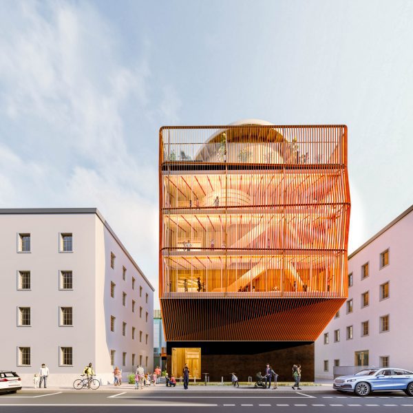 Front elevation of Ingeborg Pohl Kinderoase an der TUM in Munich by Kéré Architecture