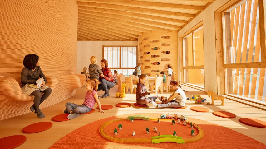 Render of Ingeborg Pohl Kinderoase an der TUM in Munich by Kéré Architecture