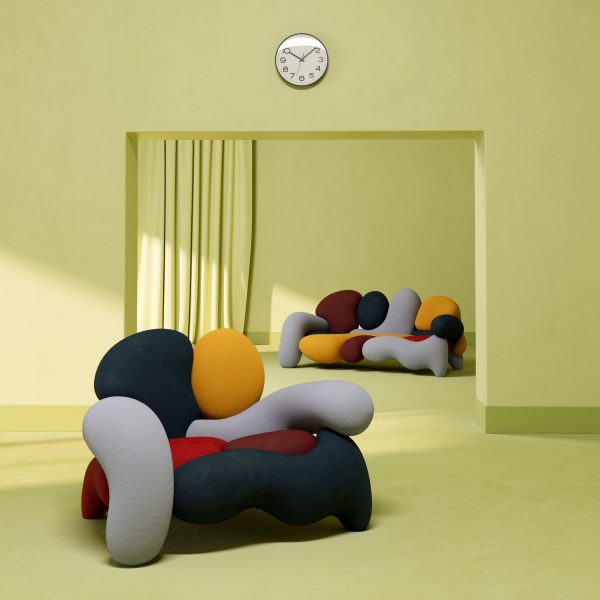 Morphologica by Misha Kahn for Meritalia, an armchair and sofa that reinterpret radical design