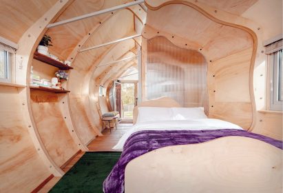 Bedroom interior at Monocoque Cabin