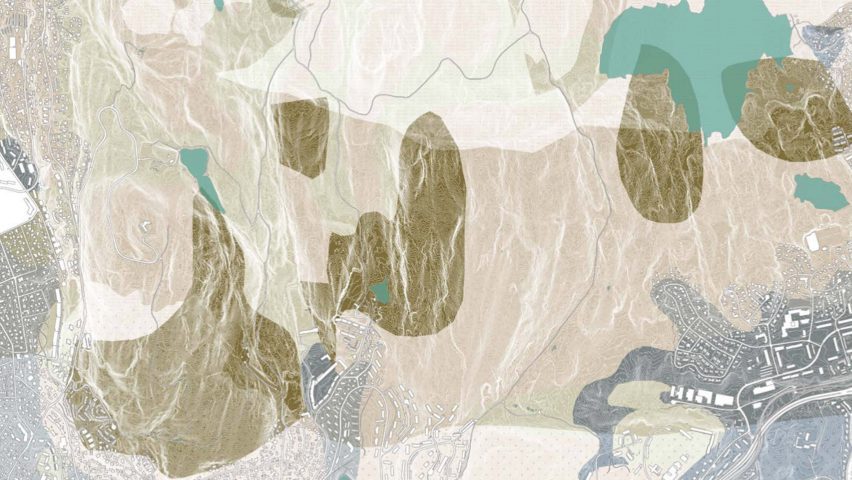 a digital map from above in tones of beige, brown and teal