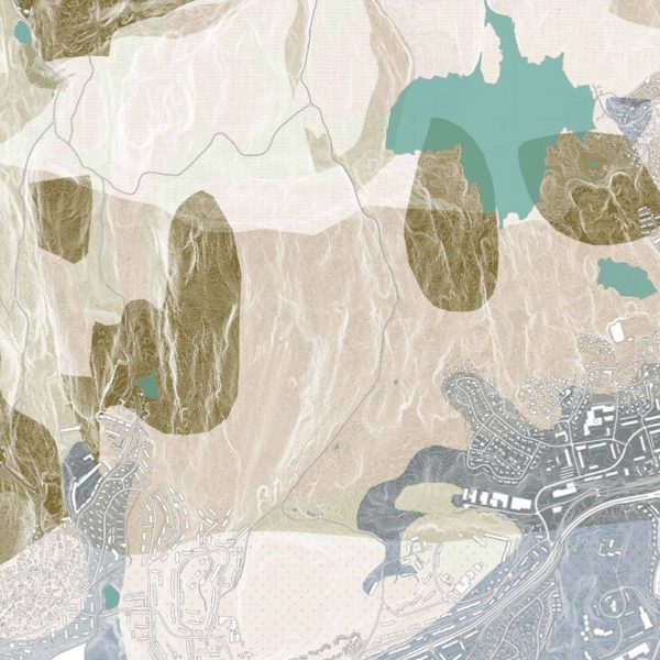 a digital map from above in tones of beige, brown and teal