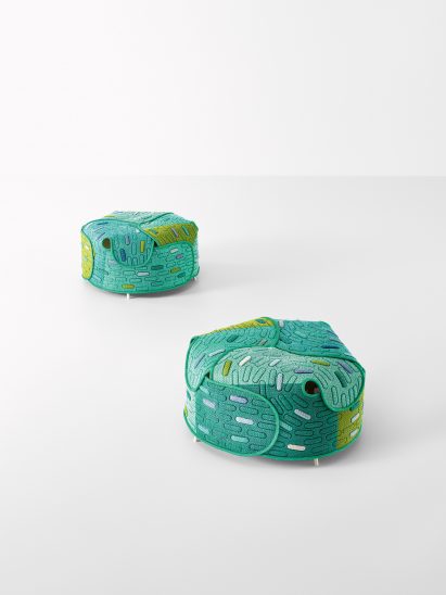 Turquoise Hana-arashi seats made from fabric offcuts