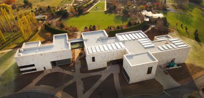 Aerial view of sandstone-clad structure