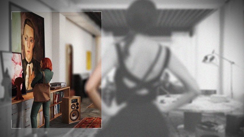 Interior design visual of a woman looking at a portrait on a wall and another woman looking at her from distance