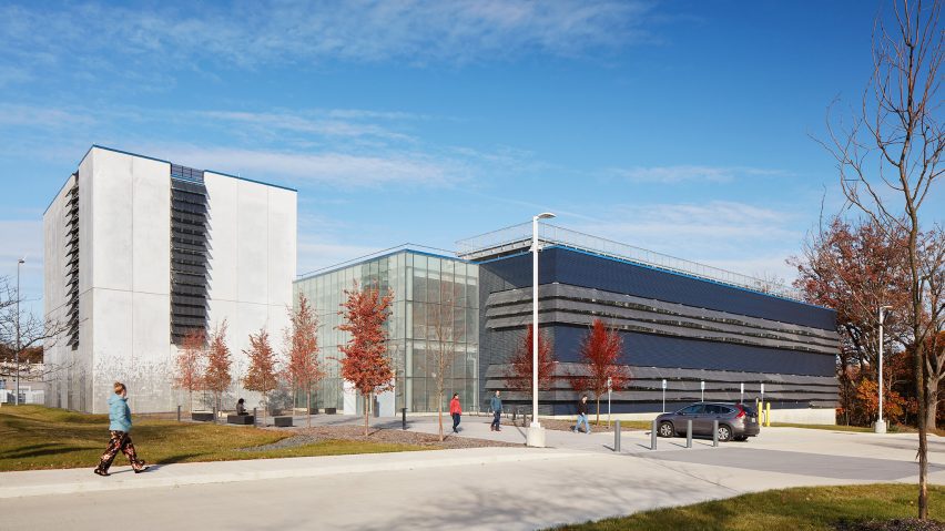 Ross Barney NASA building with red leave tree