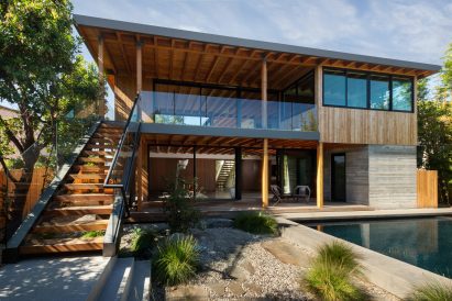 Two level house with wooden staircase