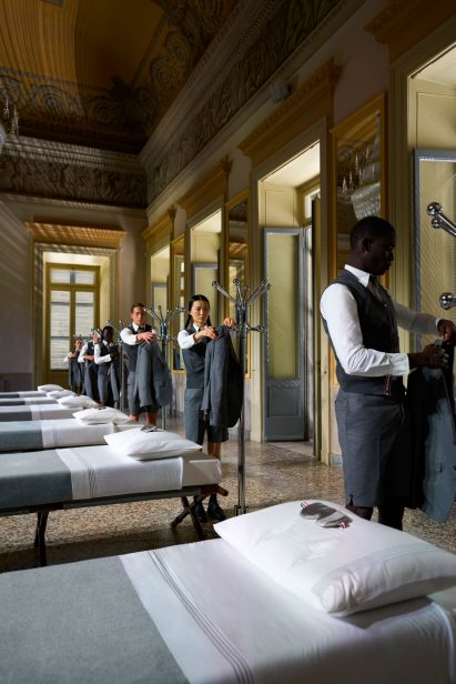 Models dressing in Thom Browne uniforms