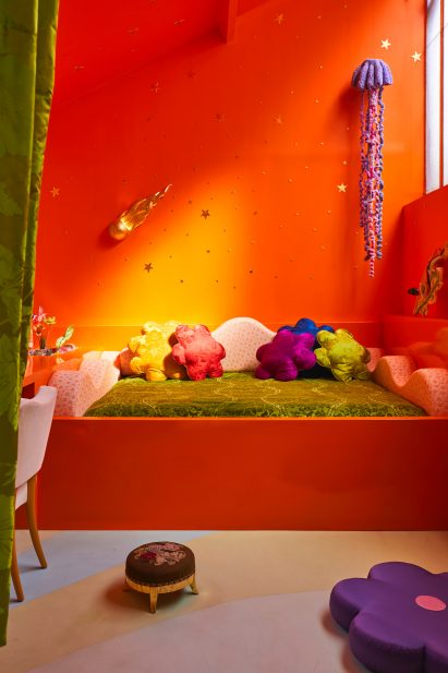 Home office with orange and yellow walls