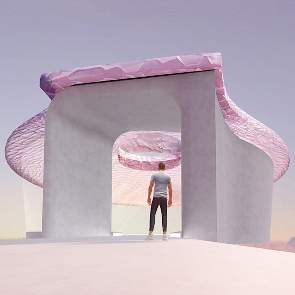 Render of a person standing in a house with a pink roof