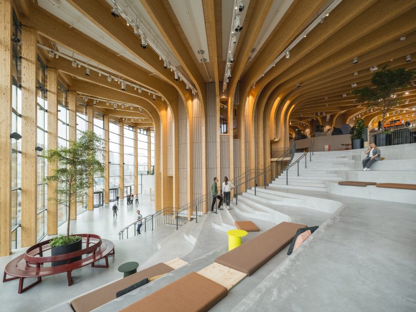 Mass timber interior of World of Volvo by Henning Larsen