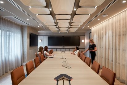Meeting roof with acoustic panels