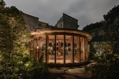 Pavilion and garden illuminated at night