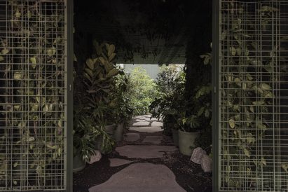 Flagstone path leading between many potted plants