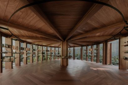 Interior of pavilion with wooden ceiling and floor