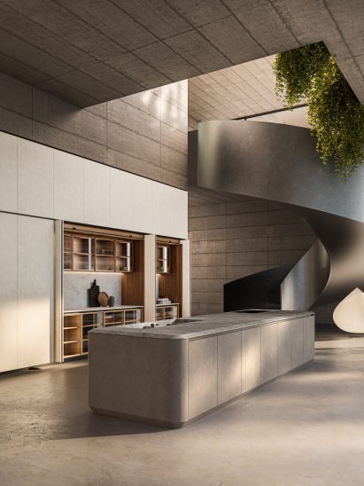 Interior of kitchen with Cove island by Zaha Hadid Design