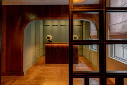 Entrance to Aragawa restaurant with wood panelled walls