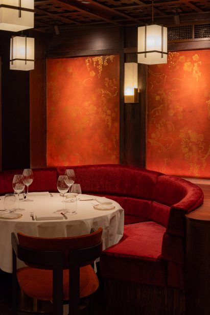 Curved red velvet seating Aragawa Mayfair