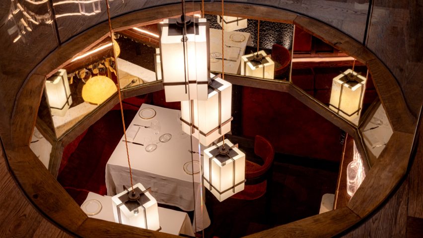 Japanese lanterns hanging between upper and lower floors Aragawa