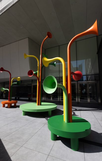 Exterior view of Arborhythm's three sculptures