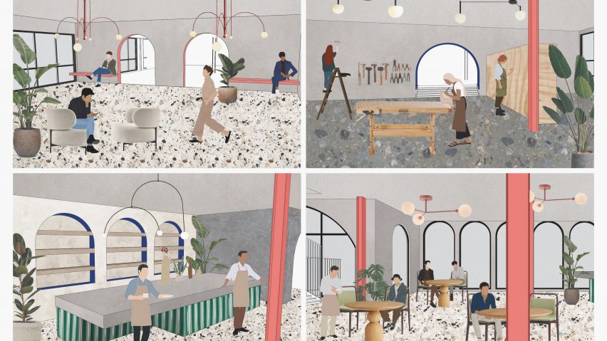 A visualisation of an educational design centre with four different images in grey, pink and green tones, each displaying people interacting in the space.