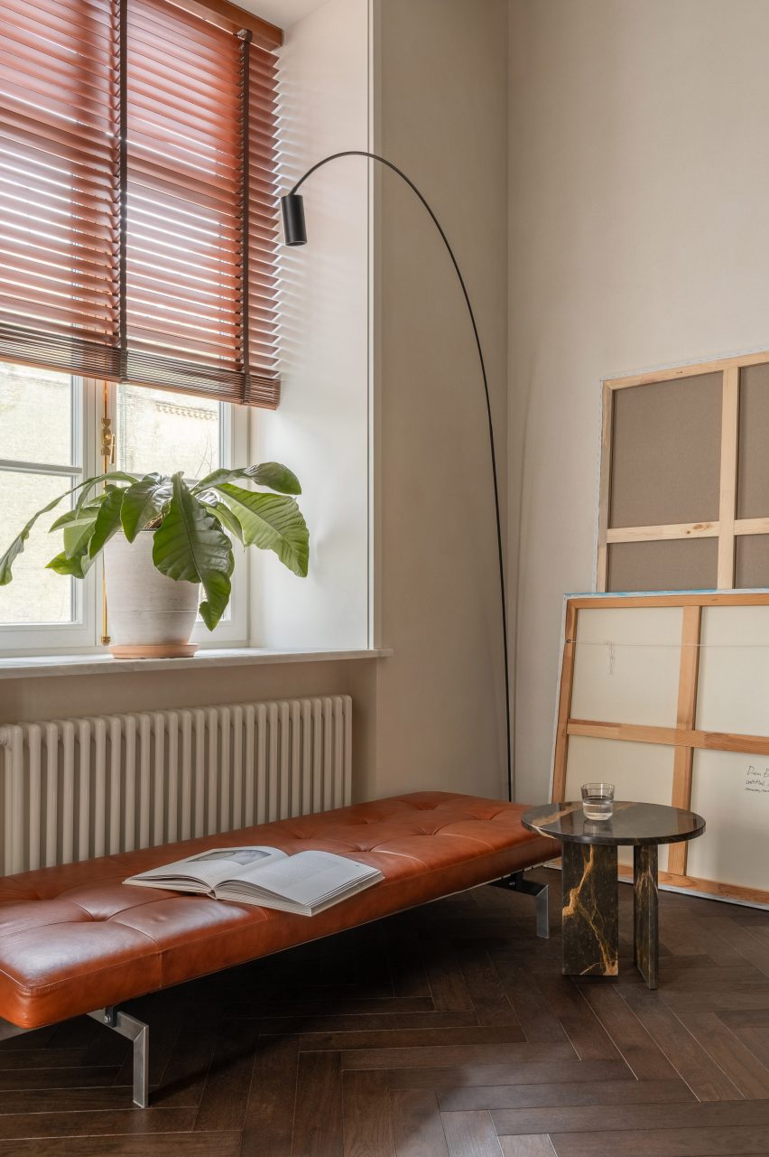 Red toned bench and blinds in flat