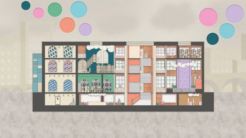 Visualisation of an education centre in colours of orange, pink, lilac and green.
