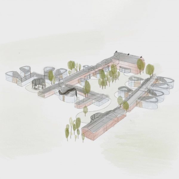 An illustration of a hospital in colours of pink and grey, with green trees around it.