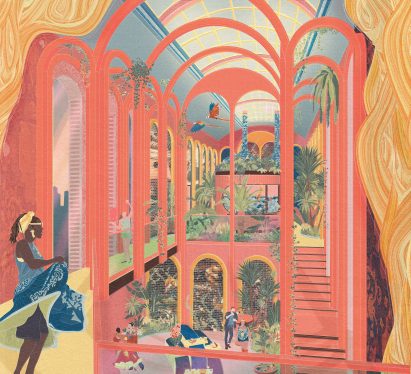 Visualisation of an interior with red arches throughout varying colours of orange, green and blue, with green plants and people in the space.