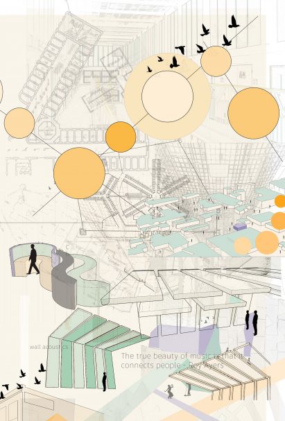 Visualisation of an architectural proposal with colours of orange, green and purple, with black birds and figures around the image.