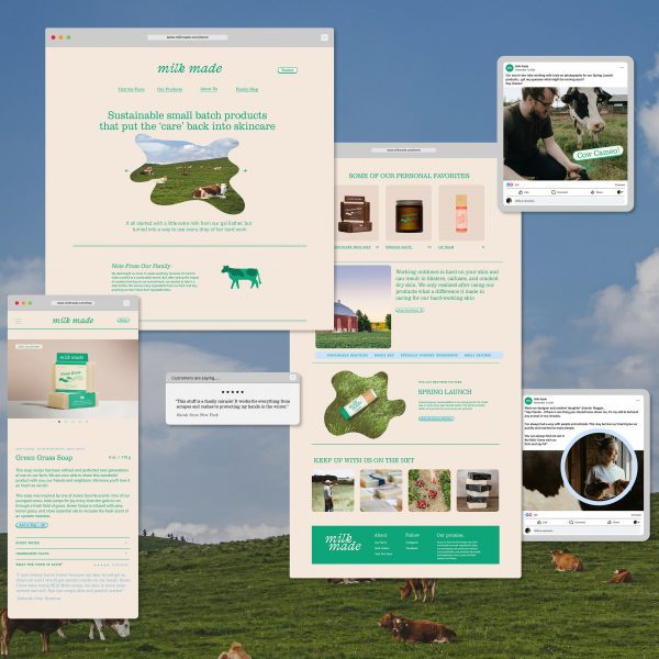 Various web browser windows in front of a background showing a hill with cows on it