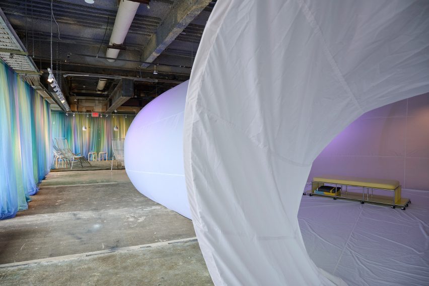 White inflatable with blankets and pillow